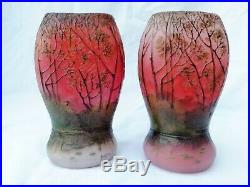 Rare paire de vases en verre doublé à décor dégagé à l'acide signé LEGRAS