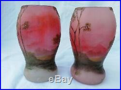 Rare paire de vases en verre doublé à décor dégagé à l'acide signé LEGRAS