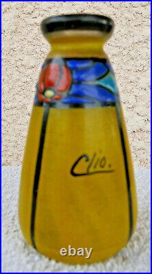 Rare vase ART DECO 1930 verre émaillé signé CLIO jaune 12,5 cm no pâte de verre