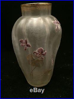 Rare vase Art Nouveau givré a l'acide émaillé Legras Montjoye Saint Denis 1900