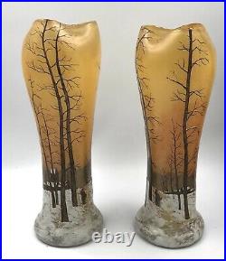 SUPERBE PAIRE Vases verre émaillé paysage enneigé Art-Nouveau LEGRAS 1900 Daum