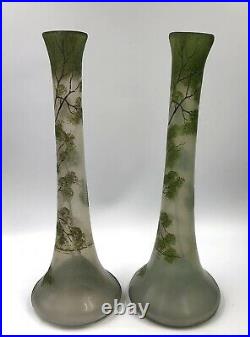 SUPERBE PAIRE Vases verre émaillé paysage lacustre Art-Nouveau LEGRAS 1900 Daum