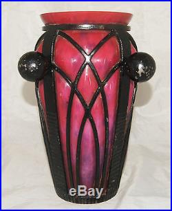 Superbe Vase Pate De Verre / Fer Forge Art Deco Daum Nancy / L. Majorelle 1930