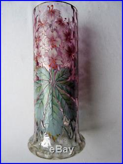 SUPERBE Vase verre mauve et bleu dégradé, émaillé Legras Fleurs de marronnier