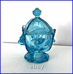 Sucrier en verre bleu têtes de lion et de boucs Vallerysthal -Portieux