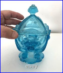 Sucrier en verre bleu têtes de lion et de boucs Vallerysthal -Portieux