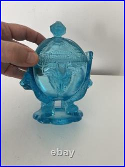 Sucrier en verre bleu têtes de lion et de boucs Vallerysthal -Portieux