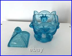 Sucrier en verre bleu têtes de lion et de boucs Vallerysthal -Portieux