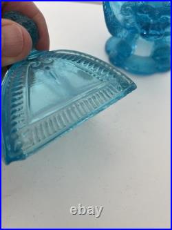 Sucrier en verre bleu têtes de lion et de boucs Vallerysthal -Portieux