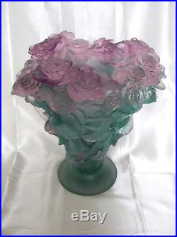Superbe Et Grand Vase Daum Pate De Verre Modele Roses Signe Neuf