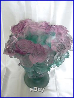Superbe Et Grand Vase Daum Pate De Verre Modele Roses Signe Neuf