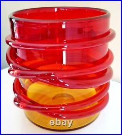 Superbe Grand Vase Design Verre Souffle Rouge Rubis, Orange, Corde De Verre
