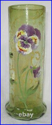 Superbe Vase Emaille Legras Decor Pensee Mauve Sur Fond Vert