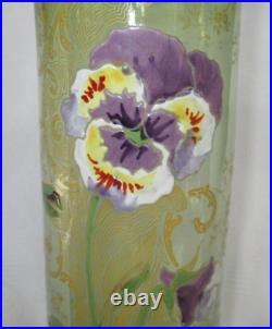 Superbe Vase Emaille Legras Decor Pensee Mauve Sur Fond Vert