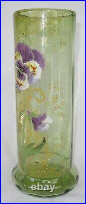 Superbe Vase Emaille Legras Decor Pensee Mauve Sur Fond Vert