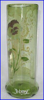 Superbe Vase Emaille Legras Decor Pensee Mauve Sur Fond Vert