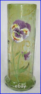 Superbe Vase Emaille Legras Decor Pensee Mauve Sur Fond Vert