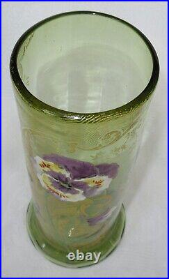 Superbe Vase Emaille Legras Decor Pensee Mauve Sur Fond Vert