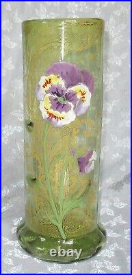 Superbe Vase Emaille Legras Decor Pensee Mauve Sur Fond Vert