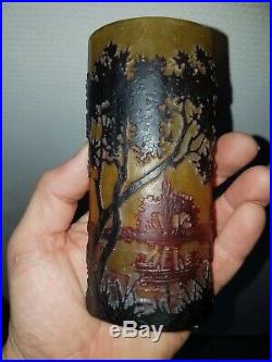 Superbe Vase Soliflore DAUM NANCY paysage Lac Dégagé acide old daum 1900 no copy