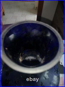 Superbe Vase pâte de verre bleu dégagé À L'Acide Orchidées Noires Art Déco 40cm