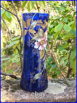 Superbe vase en verre émaillé de roses sauvages fond bleu cobalt par Legras n°1