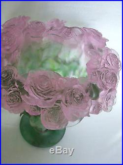 Tres Beau Vase Serie Rose Pate De Verre Signe Daum Neuf Grand Modele