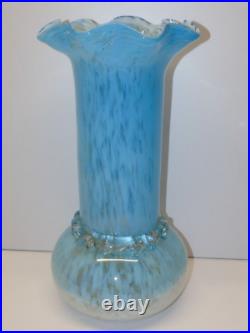 -TRES GRAND VASE VERRE de CLICHY XIXe BLANC/BLEU verre soufflé FRISE en VERRE D