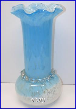 -TRES GRAND VASE VERRE de CLICHY XIXe BLANC/BLEU verre soufflé FRISE en VERRE D