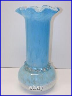 -TRES GRAND VASE VERRE de CLICHY XIXe BLANC/BLEU verre soufflé FRISE en VERRE D