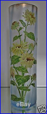 TRES beau grand vase rouleau verre émaillé 1900 LEGRAS Tournesols RARE 40 cm