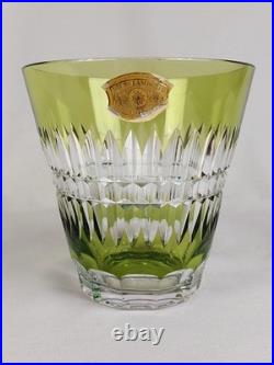 VAL ST LAMBERT Vase Cristal vert clair taillé en pointe de diamants signé