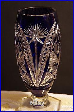 Vase Cristal France Saint Louis Bleu Fleurs Ogive Art Deco Sur Pied Hexagonal