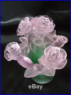 Vase Roses Pate De Cristal Couleur Rose/vert 18 CM Daum Signe