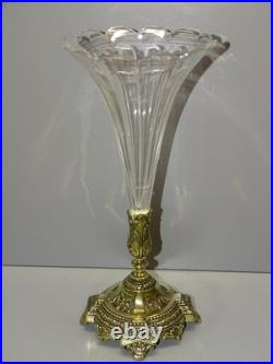 - VASE SOLIFLORE CORNET CENTRE DE TABLE CRISTAL A COTES MONTURE BRONZE déco D