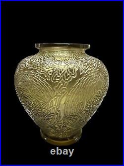 VERLYS France, vase Ancien verre moulé pressé fumé, Les Perruches, Art Déco