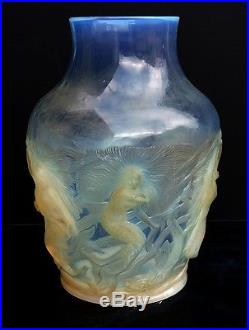 Verlys Rare Vase Opalescent Sirenes Dauphins Ep. Art Deco 1930 Glass H. 26cm