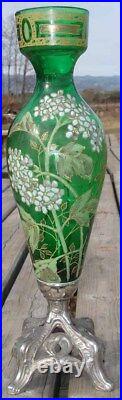 -Vase Amphore Art Nouveau verre soufflé émaillé sur fond vert
