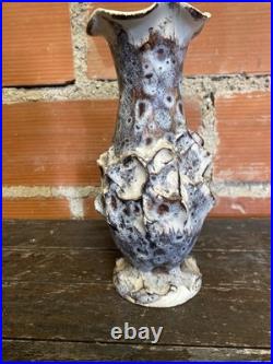 Vase Ancien Marius GIUGE Fat Lava Céramique Écumes Gris & Blanc Vintage #D384