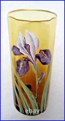 Vase Art Nouveau ou grand verre ambre émaillé Legras Iris bleu Vase Art Nouveau ou grand verre ambre émaillé Legras Iris bleu