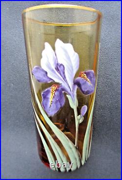 Vase Art Nouveau ou grand verre ambre émaillé Legras Iris bleu Vase Art Nouveau ou grand verre ambre émaillé Legras Iris bleu