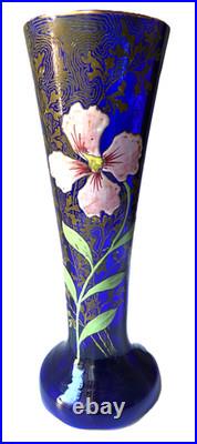 Vase Art Nouveau verre bleu de four émaillé fleur rose LEGRAS Vase Art Nouveau verre bleu de four émaillé fleur rose LEGRAS