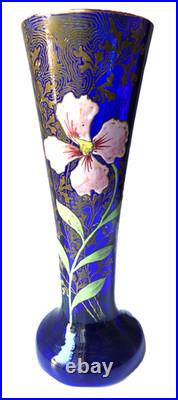 Vase Art Nouveau verre bleu de four émaillé fleur rose LEGRAS 1900