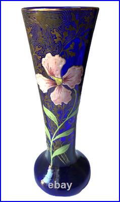 Vase Art Nouveau verre bleu de four émaillé fleur rose LEGRAS 1900
