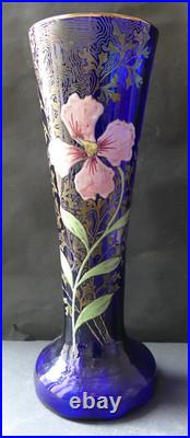 Vase Art Nouveau verre bleu de four émaillé fleur rose LEGRAS 1900