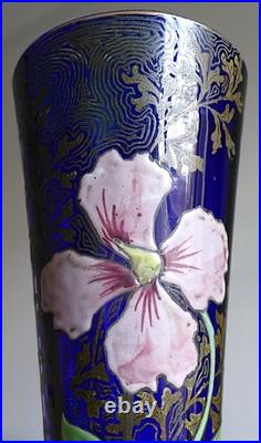 Vase Art Nouveau verre bleu de four émaillé fleur rose LEGRAS 1900