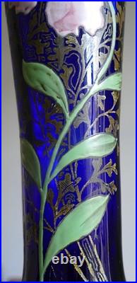 Vase Art Nouveau verre bleu de four émaillé fleur rose LEGRAS 1900