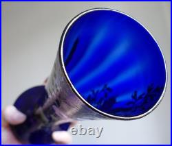 Vase Art Nouveau verre bleu de four émaillé fleur rose LEGRAS 1900