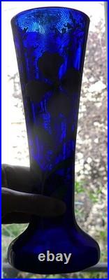 Vase Art Nouveau verre bleu de four émaillé fleur rose LEGRAS 1900