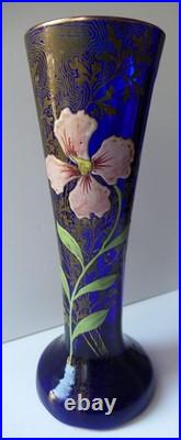 Vase Art Nouveau verre bleu de four émaillé fleur rose LEGRAS 1900